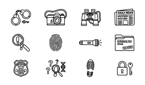 Detective investigation icons vector handcuffs camera mystery crime set