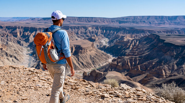 Rear view of a person hiking into Fish River Canyon Namibia with a spectacular view below, African canyon hiking concept, Namibia landscape photography, spectacular canyon