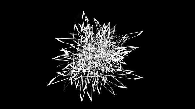 Abstract Monochrome Geometric Art with Random Intersecting White Lines on Black Background.