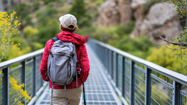 Rear view of a hiker on the Catwalk Recreation Area trail in Whitewater Canyon Gila National Forest, unique hiking structure concept, metal trail bridge photography, New Mexico