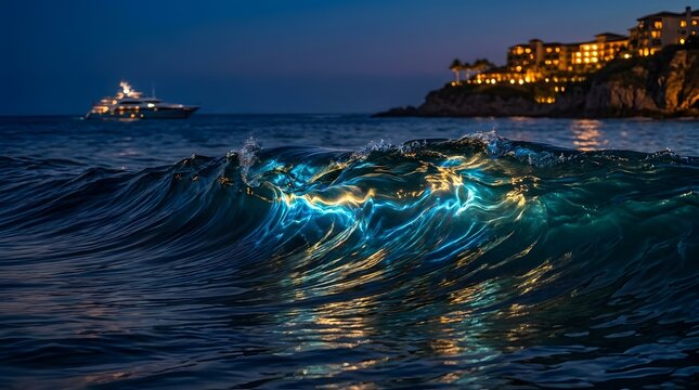 Bioluminescent ocean wave at night.