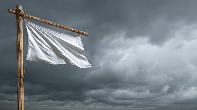 White flag of surrender on a rustic wooden pole against a dramatic dark stormy sky background.