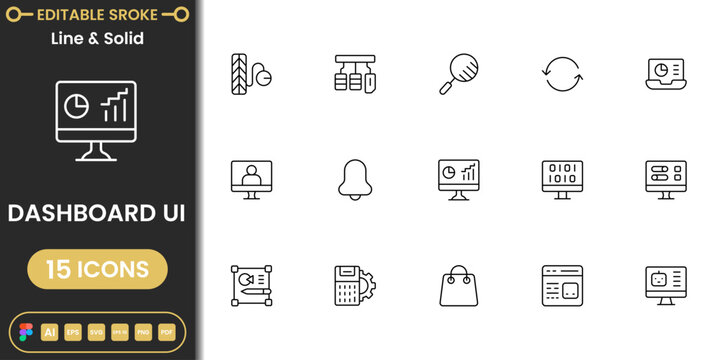 Modern dashboard icon pack featuring analytics charts, admin controls, statistics and UI interface symbols clean vector set