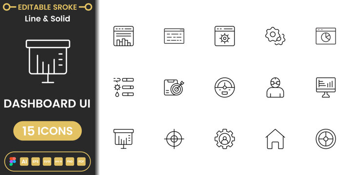 Modern dashboard icon pack featuring analytics charts, admin controls, statistics and UI interface symbols clean vector set