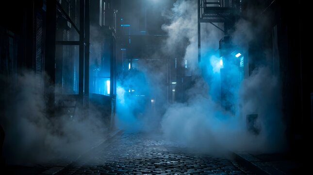 Dark alleyway with blue lights and smoke.