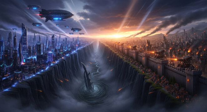 Futuristic cityscape with airships and a massive chasm at sunset