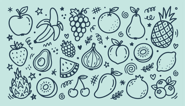 Exotic fruit doodle set with dragon fruit fig peach and kiwi hand drawn vector illustration for healthy food concept