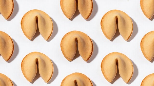 Fortune cookies arranged in diagonal pattern on white surface