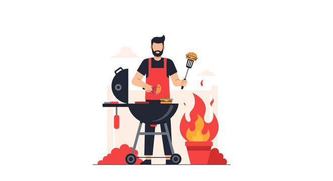 Bearded Man Grilling Burgers on Backyard BBQ Grill Flat Vector Illustration