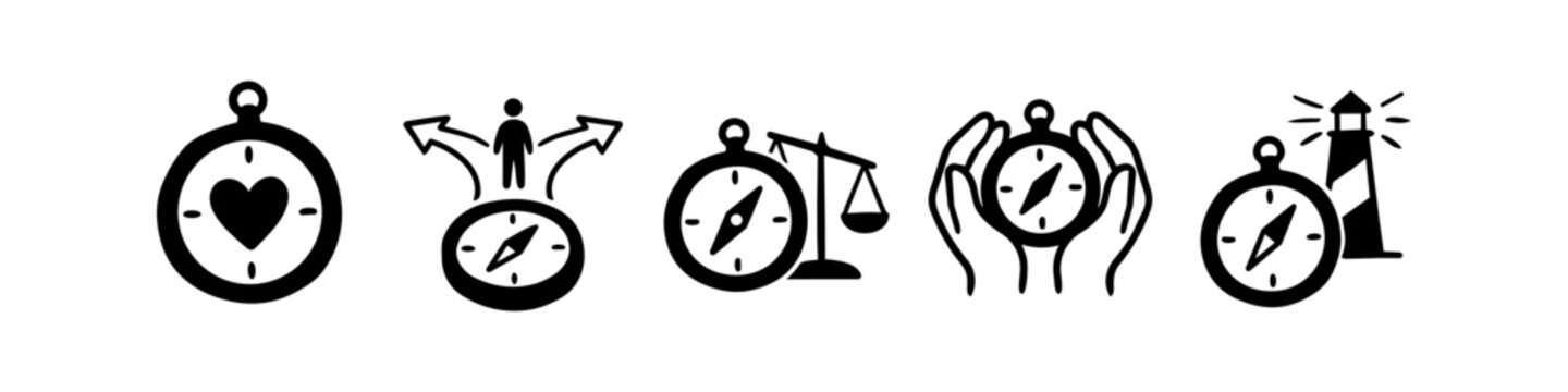 Set of minimalist black icons representing moral compass, ethics, and direction. Includes symbols for decision making, justice, heart-led paths, and guidance like a lighthouse.