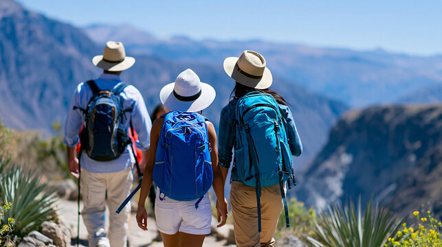Rear view of hikers walking on a trail in Colca Canyon Peru, South American canyon hiking concept, Peruvian landscape photography, international hiking destination, defocused