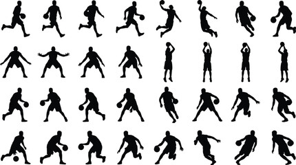 Silhouettes of Basketball Players in Various Action Poses Including Dribbling Shooting Jumping and Defending Isolated on White Background © fulbabu