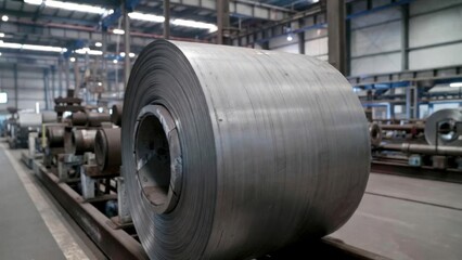 Fototapeta premium Steel coil resting on conveyor in industrial warehouse