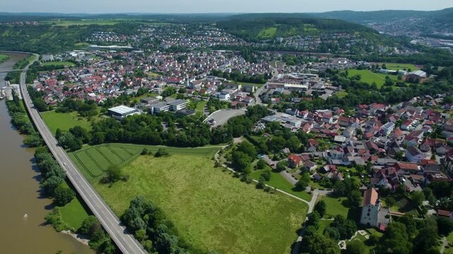 Aerial view around the city Obrigheim and mosbach in Germany. On sunny day in spring