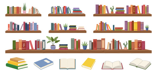 Wooden bookshelves with colorful books and potted green plants © DisignUA