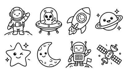 Cute space cartoon characters vector illustration set 8 items bold black and white outline for KDP coloring books and stickers of astronaut alien and rocket © Mdsahag