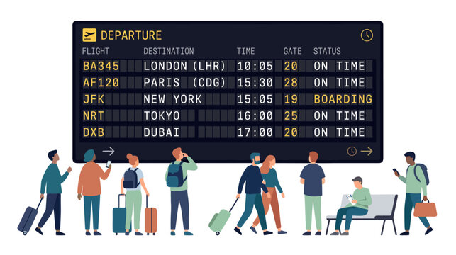 Airport departure board and passengers, Minimalist 2d flat illustration style,  on a white background