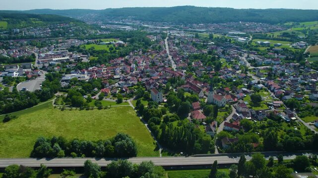 Aerial view around the city Obrigheim and mosbach in Germany. On sunny day in spring
