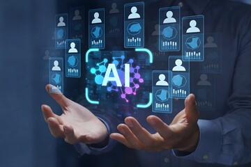 Naklejka premium AI-powered HR evaluation and performance appraisal. Automated review of assessment scores. Businessperson holding artificial Intelligence icons and charts.
