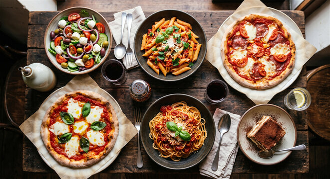 Casual Italian Dining. Assorted Italian dishes including pizza, pasta, salad, and dessert arranged on a wooden table with wine glasses and utensils visible