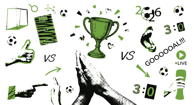 Soccer championship doodle set, hand drawn football icons with trophy and goal celebration, green and black sports vector elements for match day
