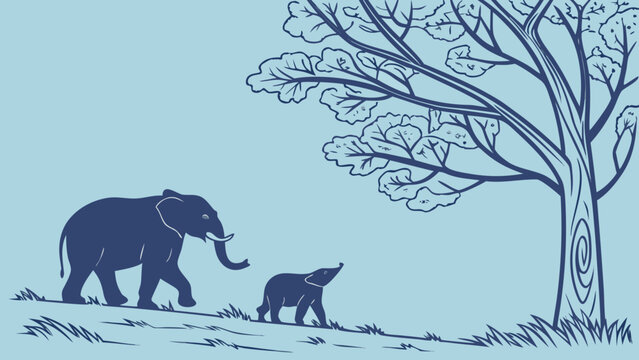 Silhouette of an adult elephant walking with a baby elephant under a large tree elephant wildlife silhouette grassland outdoors parenting offspring background illustration minimalist