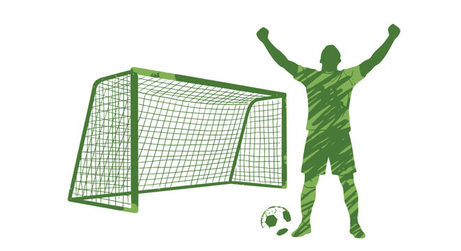 Soccer player silhouette celebrating goal, green football player with arms raised near goal post, athletic sportsman victory pose vector illustration