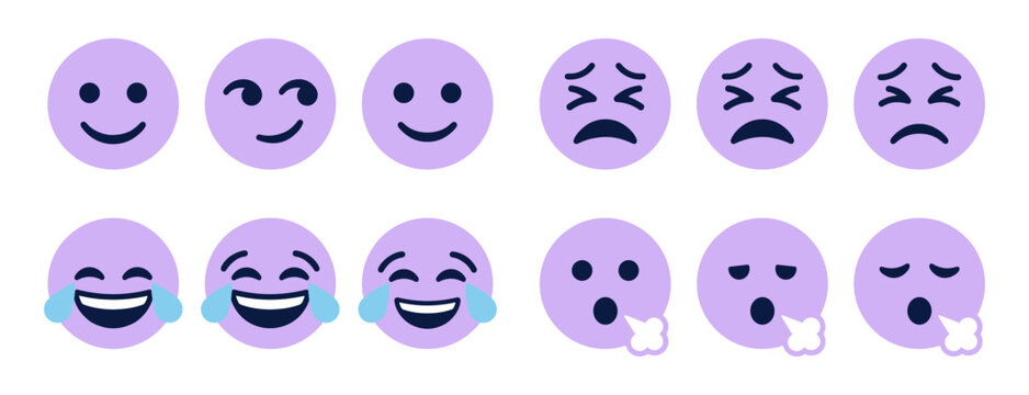 Purple emoji faces set with various emotions vector illustration social media user interface emotions expression laughing surprised confused disappointed excitement emoticons communication