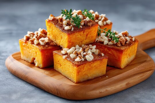 orange pumpkin dessert in stacked squares, topped with pecans, white chocolate, and thyme, on wooden board against gray backdrop. Caramelized crust, moist interior, wood grain visible, soft lig