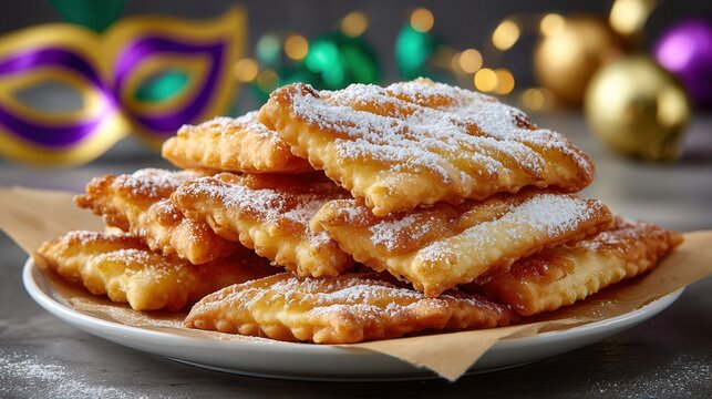 brown beignets dusted with powdered sugar on parchment, festive Mardi Gras backdrop with purple/gold mask. Professional food, shallow depth of field.
