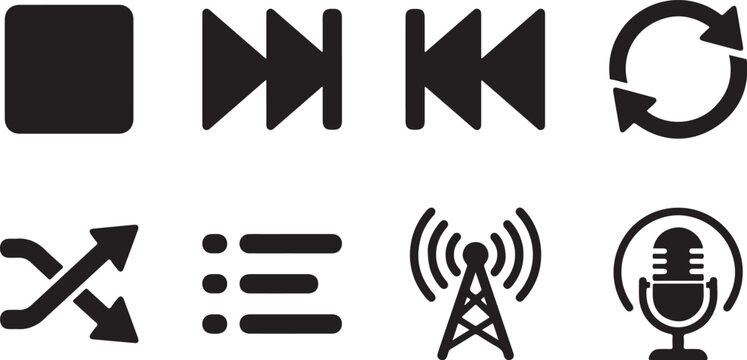 Media Player Icons, Video Controls, Play Pause Symbols, Audio Waveform Vector Set