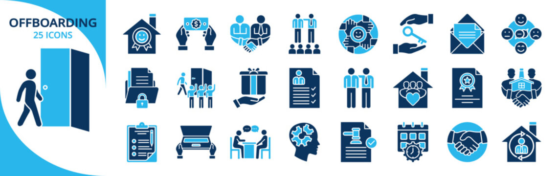 Offboarding glyph icon set. Contain employee offboarding process, interview, knowledge transfer, checklist, compliance