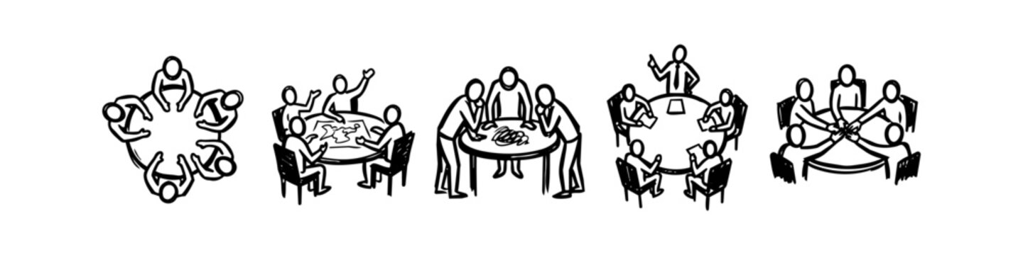 Set of hand-drawn business meeting icons showing people collaborating around round tables. Sketchy black and white line art perfect for teamwork, brainstorming, and leadership concepts.