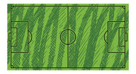 Hand-drawn soccer field vector illustration, green football pitch with textured grass, top view sports stadium layout for game strategy and design © SanaMuhyUdDin