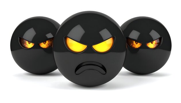Three glossy black spheres with glowing angry eyes and a furrowed brow on the central orb, evoking frustration