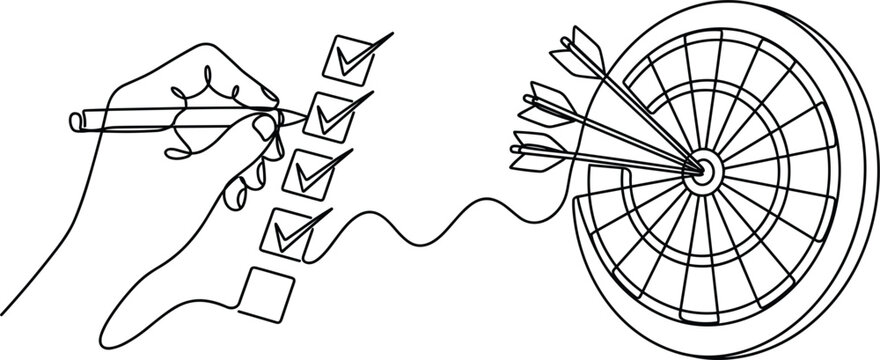 Continuous line drawing of checklist completion connected to dartboard target achievement business success concept illustration