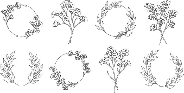 Black and white floral line art set with wreaths and branches isolated on a white background for logos.