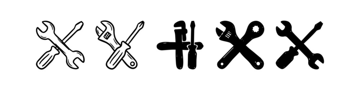 Hand-drawn set of repair tool icons featuring crossed wrenches and screwdrivers. Ideal for maintenance service logos, plumbing, mechanical, or DIY project graphics in a minimalist sketch style.