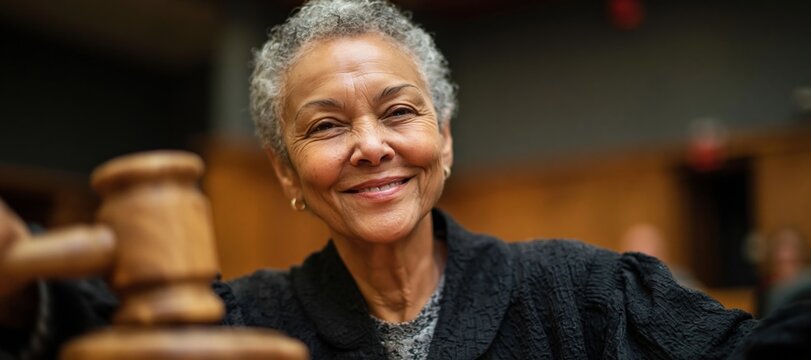 Confident older female judge with Afro - Caribbean features raising oversized wooden gavel and smili