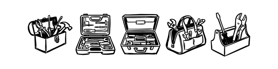 Set of hand-drawn toolboxes and tool bags in black and white sketch style. Includes various tools like hammers, screwdrivers, and wrenches for DIY and home repair concepts. © Trends