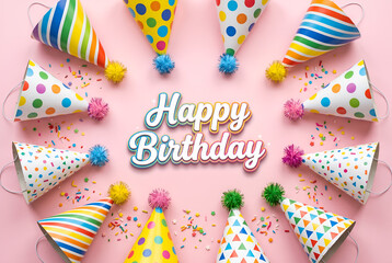 Fototapeta premium Happy birthday celebration. Party hats, confetti, pink background. Festive, joyful, vibrant fun, surprise, gifts.
