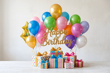 Fototapeta premium Happy birthday celebration. Colorful balloons, gift boxes, confetti. Festive, surprise, joy, fun for event.
