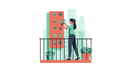 Obraz premium Woman Tending to Vertical Garden on Urban Balcony Flat Vector Illustration