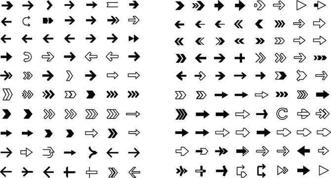 Chevron and directional arrow icon bundle, minimal outline and solid navigation symbols collection for web, app interface, media control buttons, Vector illustration