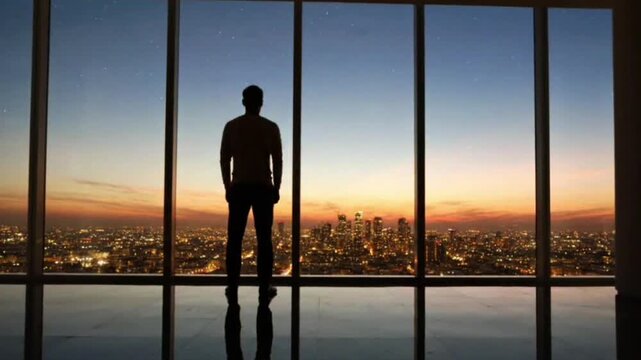 Silhouette of man standing before floor to ceiling windows overlooking illuminated city skyline at twilight with sunset colors and starry sky background clip.