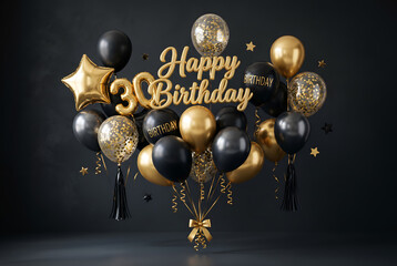 Fototapeta premium Happy birthday surprise, black gold balloons, number 30, confetti, luxury, party, celebration