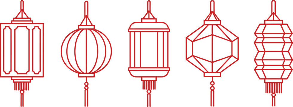 Chinese lantern line art set, traditional Asian hanging lamps, red outline decorative festival lantern vector collection.