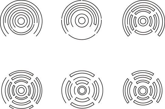 Circular radar waves set with concentric signal rings, clean outline style technology interface elements vector design collection