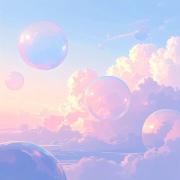 Dreamy bubbles floating over clouds