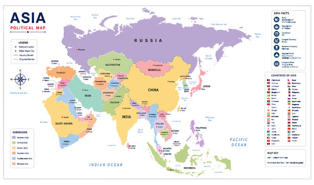 Detailed political map of the continent of Asia featuring national borders countries names and capital cities displayed in a colorful flat style on transparent background